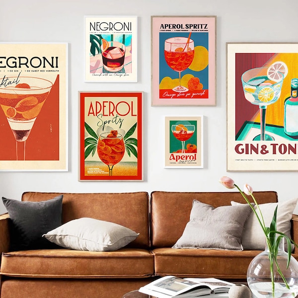 Dessin animé rétro inspiré des années 60 et 70, art de l'alcool, Aperol Spritz, affiches imprimés Sangria Drink Negroni, toile, peinture, club, bar, décoration de la maison, cadeaux