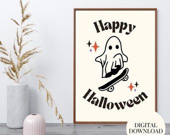 Cute Ghost Digital Download | Happy Halloween | Retro Printable Wall Art | Printable Fall Decor