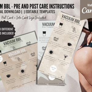 Op de afbeelding: Digitale download van twee printbare kaarten met instructies voor de voorbehandeling van een vacuüm BBL-procedure. De kaarten hebben een beige achtergrond met zwarte tekst en pictogrammen. De tekst op de kaarten luidt "Vacuum BBL Pre Treatment Care". De kaarten zijn ontworpen om te worden gebruikt als ansichtkaarten of infokaarten. De afbeelding bevat ook de achterkant van een vrouw in zwart ondergoed.