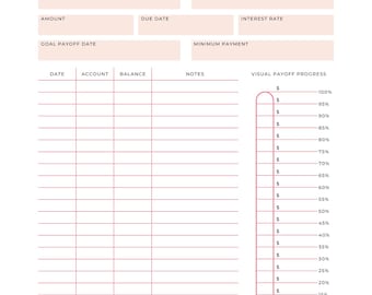 May include: A pink and white debt snowball tracker with a handwritten font. The tracker includes fields for month, creditor, amount, due date, interest rate, and minimum payment. A hand is drawing on the visual payoff progress.