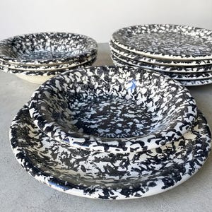10pc Vintage Italian Spatterware Dinnerware Set - Black and White Splatter Ceramic Plates and Bowls - Made in Italy (ISG Studio Pottery)