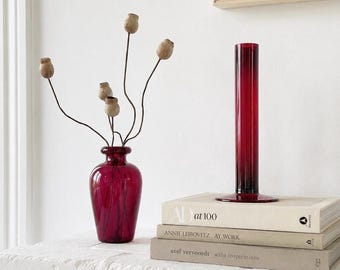 Juego de jarrones vintage de vidrio soplado rojo rubí: jarrones minimalistas tipo urna para flores, cristalería retro.