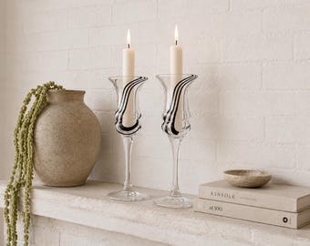 Par de portavelas vintage de cristal artístico CAITHNESS, elegantes piezas de decoración únicas.