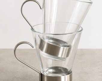 Tazas de cristal vintage Bormioli Rocco con soportes de acero inoxidable / Juego modernista italiano