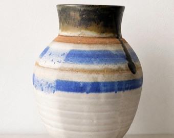 Jarrón de cerámica de estudio vintage / Recipiente de gres hecho a mano / Jarrón de cerámica azul y blanco / Decoración moderna orgánica / Cerámica artesanal
