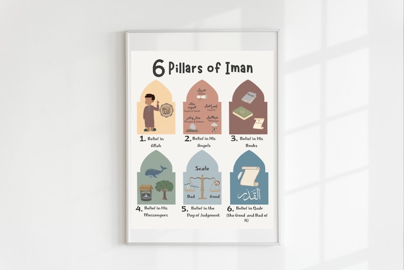 May include: A colourful illustrated poster with the title "6 Pillars of Iman" and six illustrated pillars of faith in Islam. Each pillar is represented by a different colour and symbol. The pillars are: Belief in Allah, Belief in His Angels, Belief in His Books, Belief in His Messengers, Belief in the Day of Judgement, and Belief in Qadr (The Good and Bad of It).