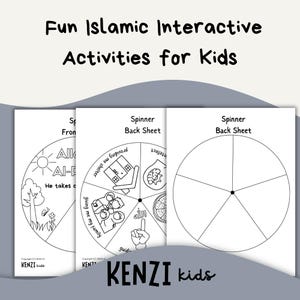 May include: Black and white printable Islamic spinner activity for kids. The front side of the spinner features a sun, a tree, a house, a hand pointing up, a family, and an orange. The back side of the spinner is blank.