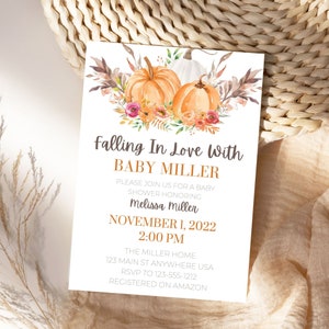 Falling In Love Pumpkin Baby Shower Invitation Bundle, Fall Shower Editable Instant Download, Books for Baby, Predictions, Poster, Thank You