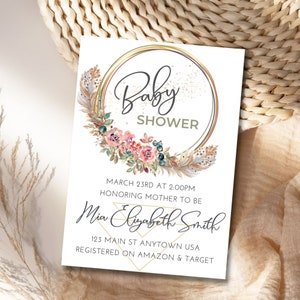 Editable Boho Baby Shower Template Baby Shower Invitation Printable Floral Green Purple Blush Gold Digital Instant Download