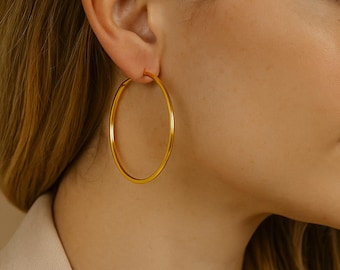 Handmade Solid Brass Hoop Earrings | Big Round Wire Hoops | Gold Plated Lightweight Statement Earrings | Minimalist Boho Jewelry for Women