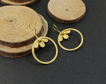 Gold Plated Brass Flower Earrings – Handmade Minimalist Dangle Earrings – Lightweight Hook Earrings – Nature Inspired Jewelry Gift for Her