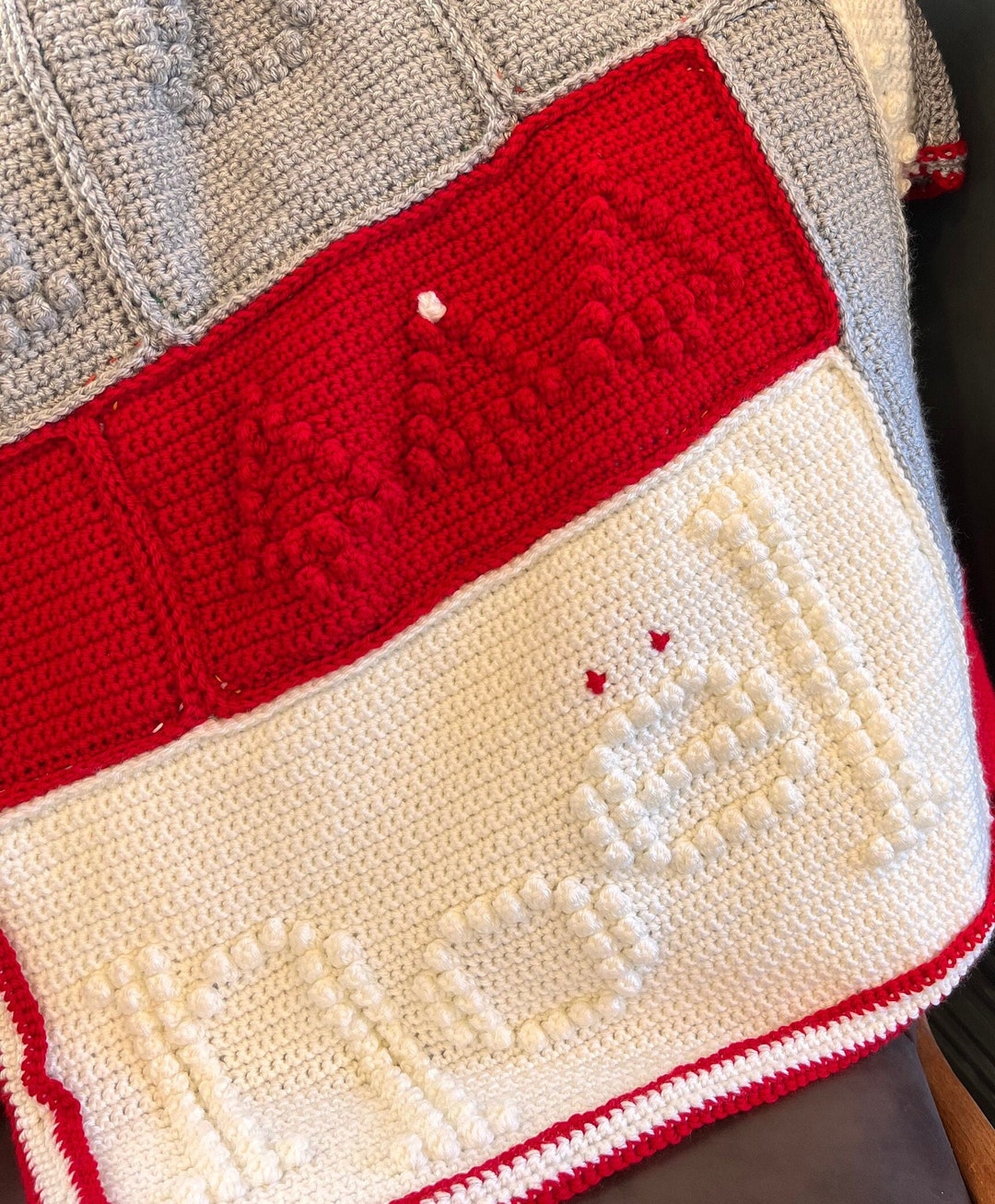Noel Themed Christmas Crochet Throw Blanket Reversible With Crochet on