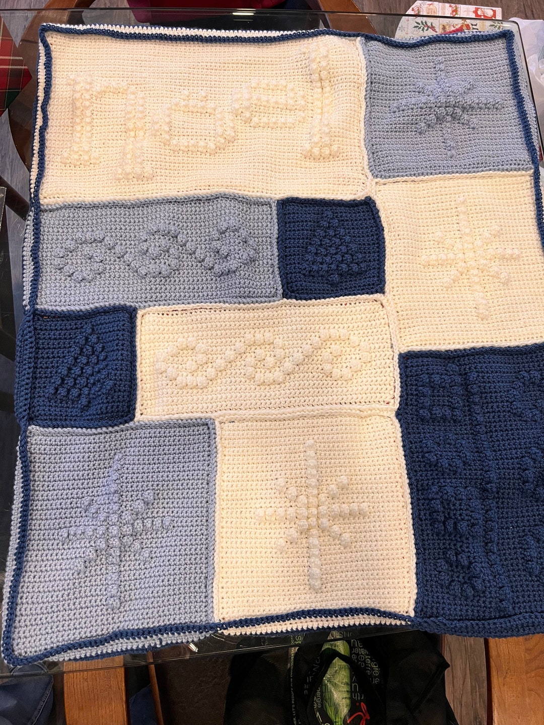 Noel Themed Christmas Crochet Throw Blanket Blue Theme Etsy