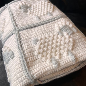 Counting Sheep Grey & White Handcrafted Crochet Blanket Double Sided with Patchwork on Reverse Absolutely One of a Kind Made to Order