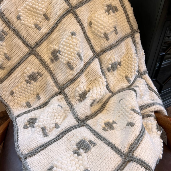 Counting Sheep Grey & White Reversible Crochet Blanket with Silver Grey Theme Patchwork on Reverse Absolutely One of a Kind Made to Order