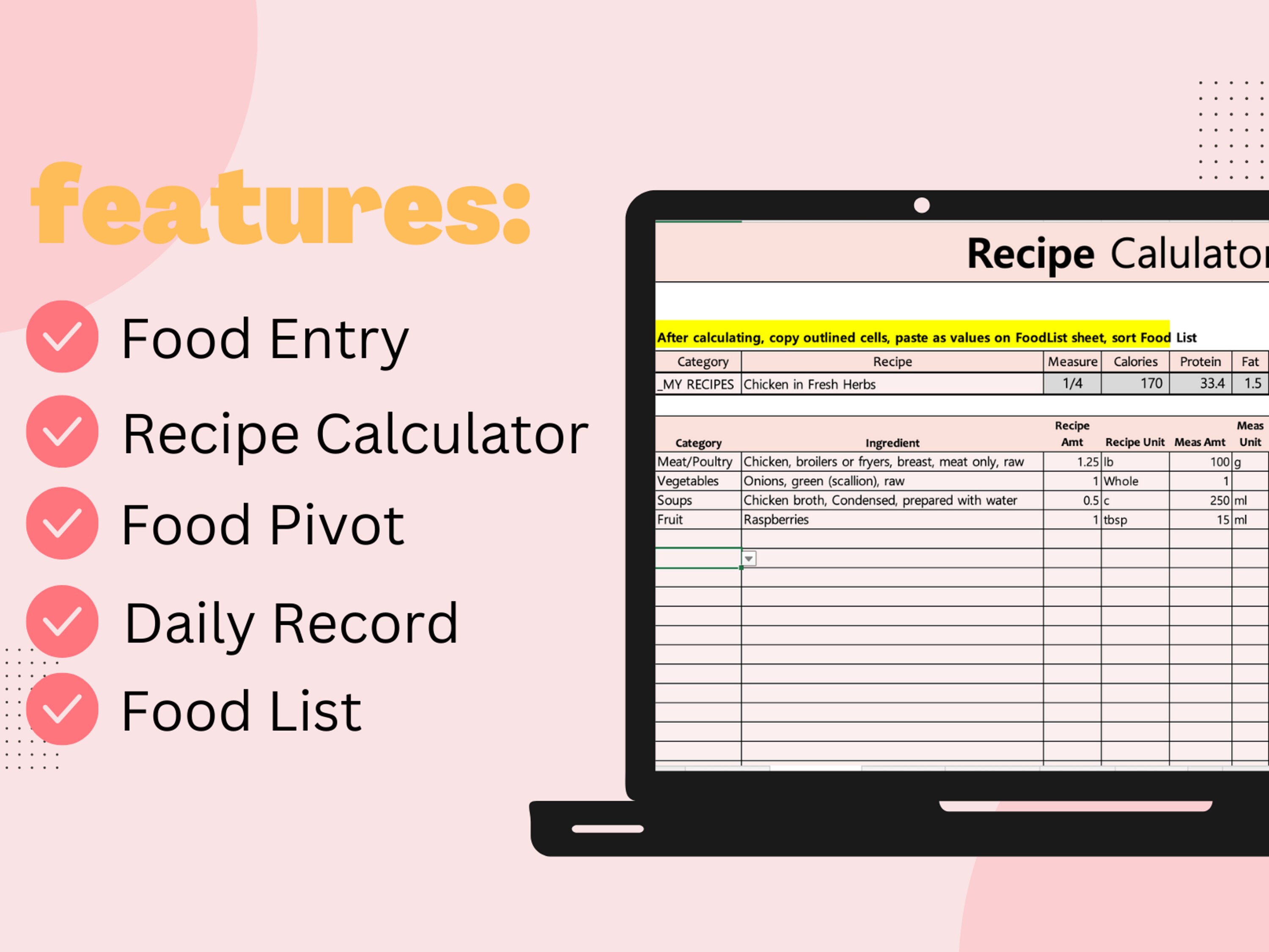 Calorie Counter Excel Sheet Recipe Calculatorcalorie Etsy