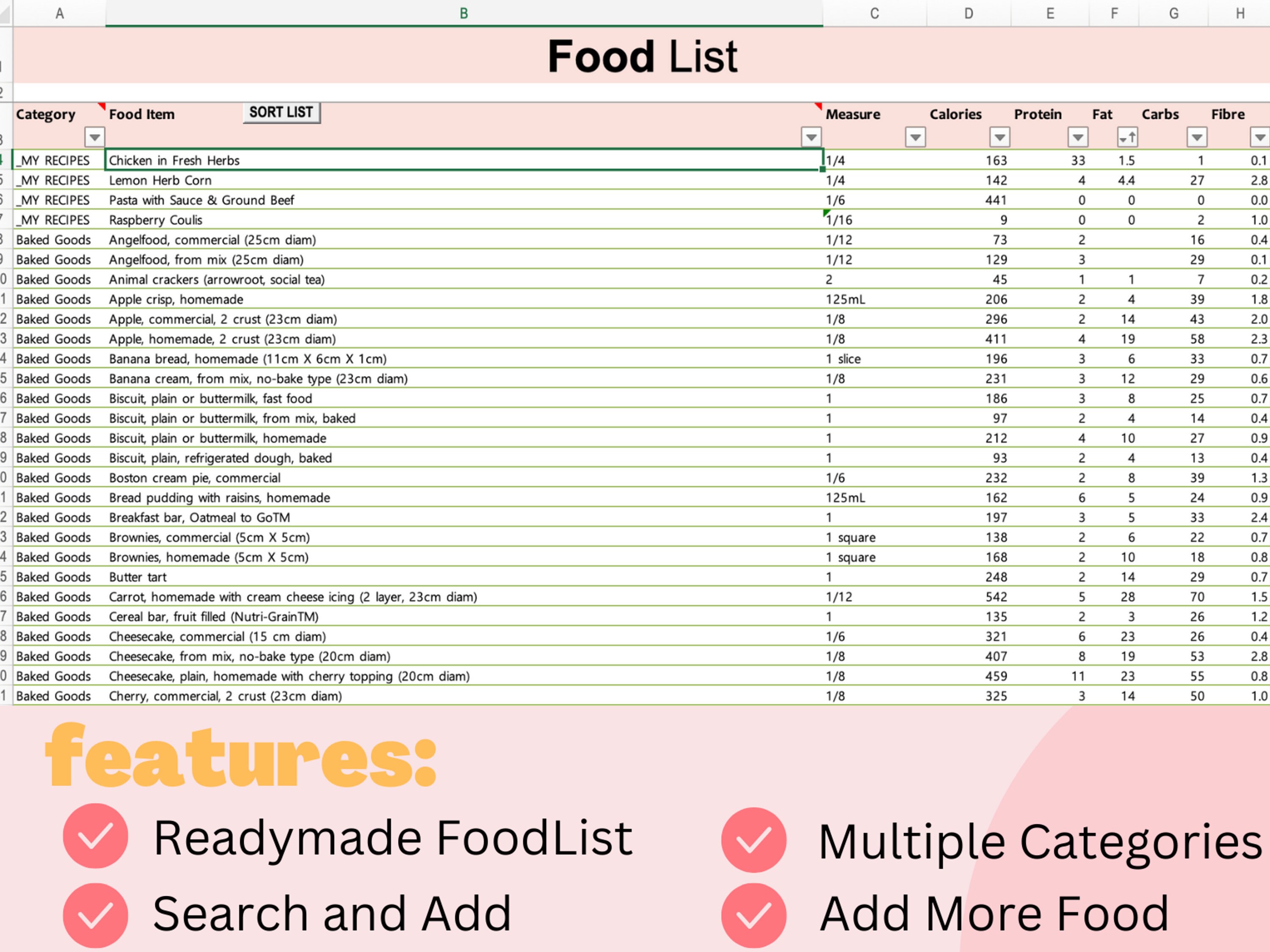 Calorie Counter Excel Sheet Recipe Calculatorcalorie Etsy