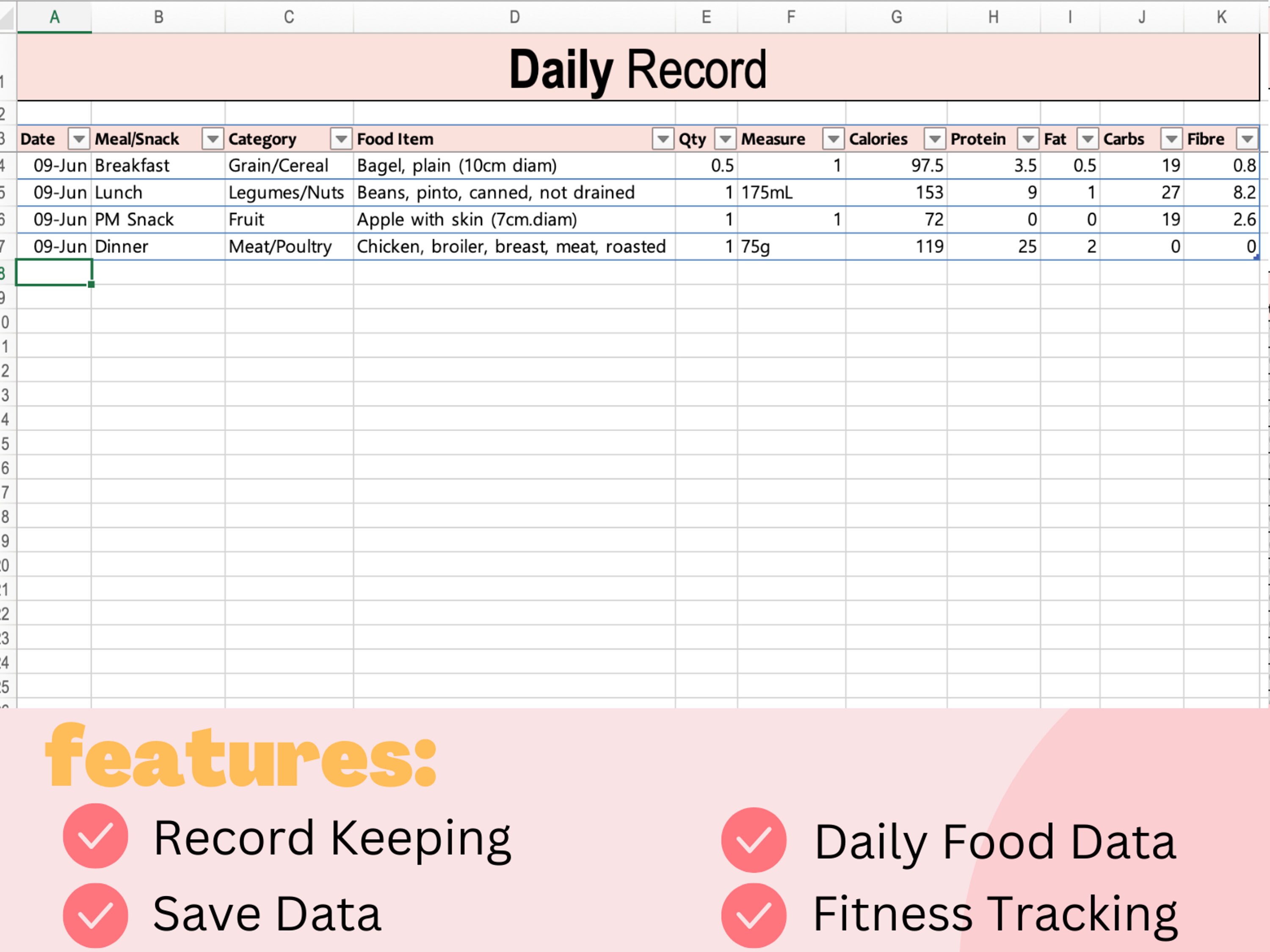 Calorie Counter Excel Sheet Recipe Calculatorcalorie Etsy