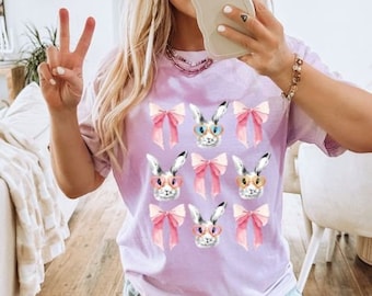 Camicia a colori comfort Checker Bunny Egg, maglietta con fiocco coniglietto pasquale, maglietta pasquale, maglietta pasquale retrò, maglietta pasquale carina, maglietta coquette pasquale