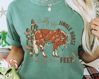 Giddy Up Jingle Horse Comfort Colors Shirt, Western Graphic Tee, Christmas Western Shirt, Cowboy Christmas T Shirt, Retro Christmas T-Shirt