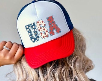 Czapka Trucker USA, Czapka Trucker 4 lipca, Czapka Trucker z okazji Dnia Niepodległości, Czapka Trucker w kolorze czerwono-białym i niebieskim, Czapka Trucker letnia, Czapka podróżna dla dziewcząt