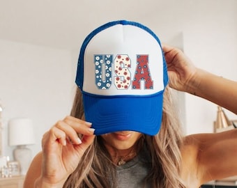Czapka Trucker USA, Czapka Trucker 4 lipca, Czapka Trucker z okazji Dnia Niepodległości, Czapka Trucker w kolorze czerwono-białym i niebieskim, Czapka Trucker letnia, Czapka podróżna dla dziewcząt