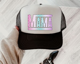 Mama Checkered Trucker Hat, Mama Trucker Hat, Cute Trucker Hat, Gift for Mom, Trendy Trucker Hat, Womens Trucker Hat, Retro Mom Hat