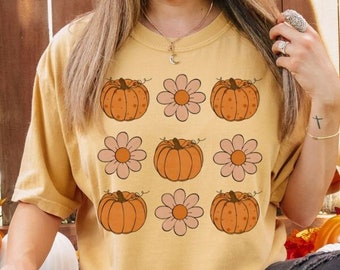 Comfort Colors® Vintage Blumen Kürbis T-Shirt, Retro Kürbis Tshirt, süßes Shirt für den Herbst, Halloween T-Shirt, Retro Halloween Top, Herbst Tshirt