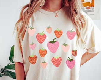 Aardbeienshirt Aardbeikleding Aardbeientoptuinshirt Esthetische kleding Cottagecore Kleren Botanisch overhemd Aardbeiprint