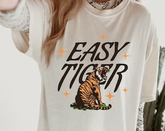 Einfaches Tiger Comfort Colors Shirt, Vintage inspiriertes Grafik-T-Shirt, trendiges Tiger-T-Shirt Retro Festival-T-Shirt übergroßes T-Shirt Boho Hippie-Kleidung