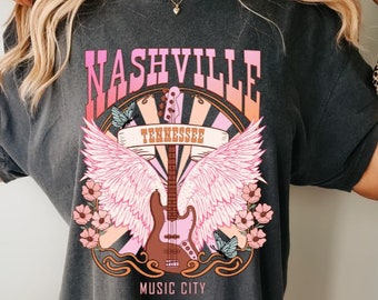 Nashville, Country Music, Guitar, Retro, Tshirt, Tees, Tennessee, Garment Dyed, Boho, Oversized, Vintage, Comfy