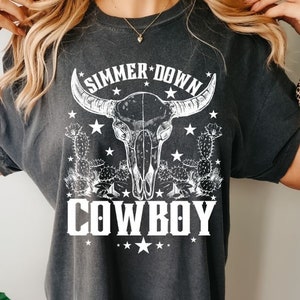 Simmer Down Cowboy Western Graphic Tee Comfort Colors Tshirt Country Concert Tshirt Space Cowgirl Oversized Graphic Tee Bull Skull Cowgirl