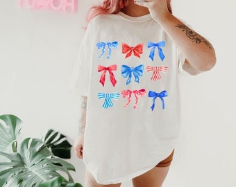 Red White and Blue Bow Comfort Colors Shirt, Coquette 4th of July Tshirt, Coquette Bows Shirt, Fourth of July Tee, Independence Day Shirt,
