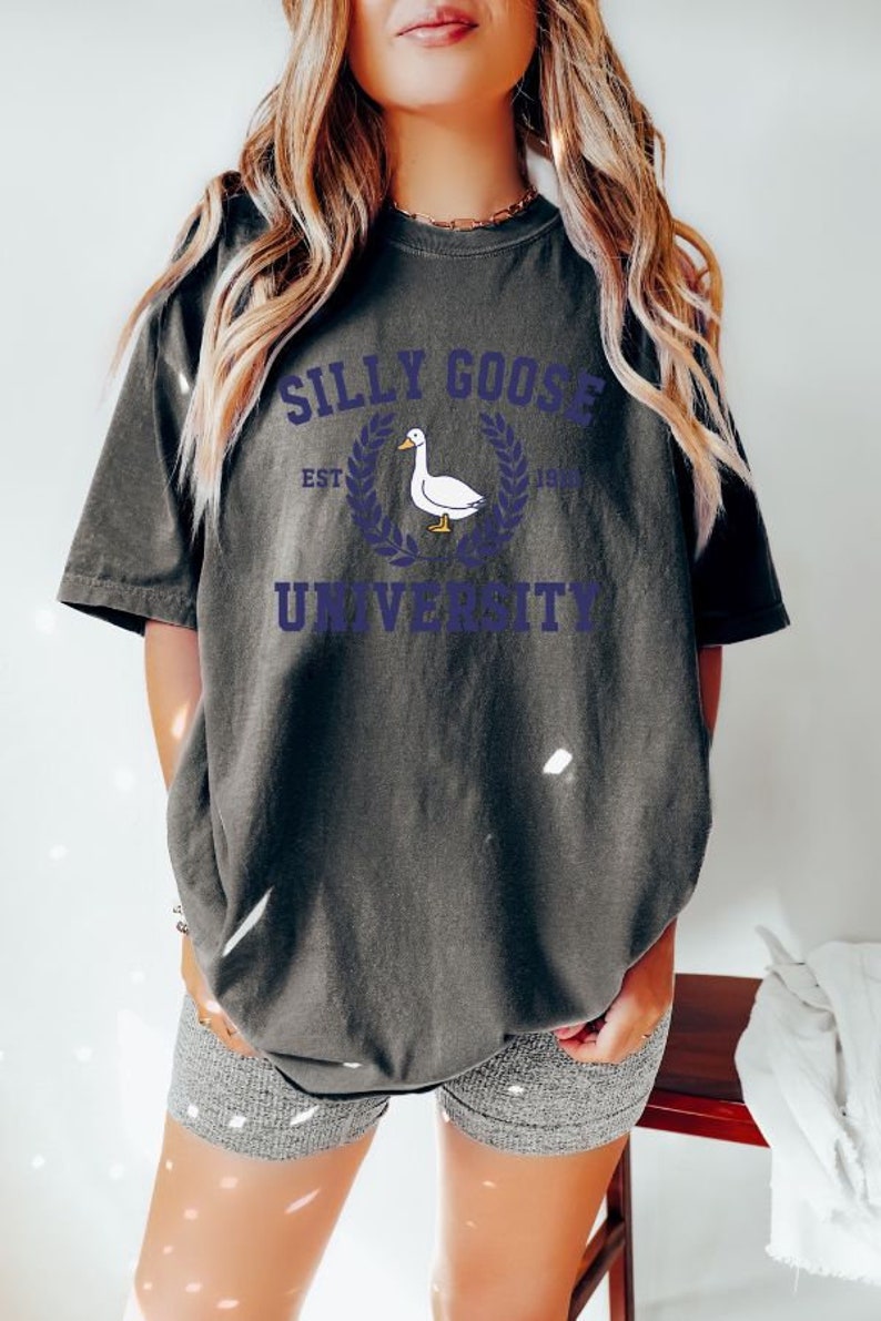 May include: A dark gray t-shirt with a white goose graphic and the text "Silly Goose University Est. 1992".