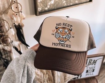 Tired As A Mother Trucker Hat, Tiger Trucker Hat, Trendy Trucker Hat, Mama Trucker Hat, Gift for Mom, Trendy Mom Apparel, Cute Trucker Hat,