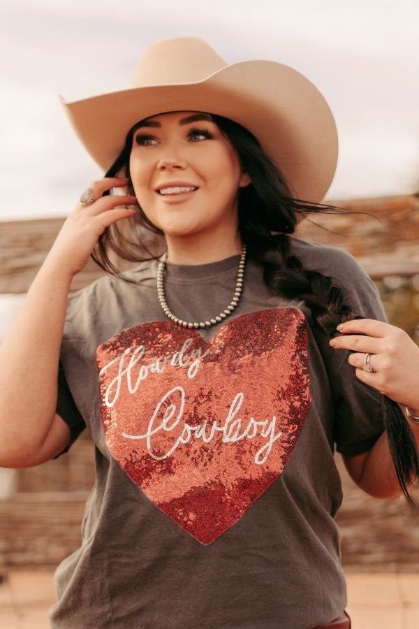 Howdy Cowboy Comfort Colors Shirt, Western Graphic Tee, Sequin Cowgirl T-Shirt, Cowgirl Graphic Tshirt, Rodeo Shirt, Western Apparel