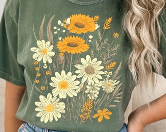 ヴィンテージ押し花 コンフォートカラー Tシャツ ボヘミアン ワイルドフラワー コテージコア シャツ ボタニカル Tシャツ パステルフローラル ネイチャーシャツ ガーデン愛好家ギフト