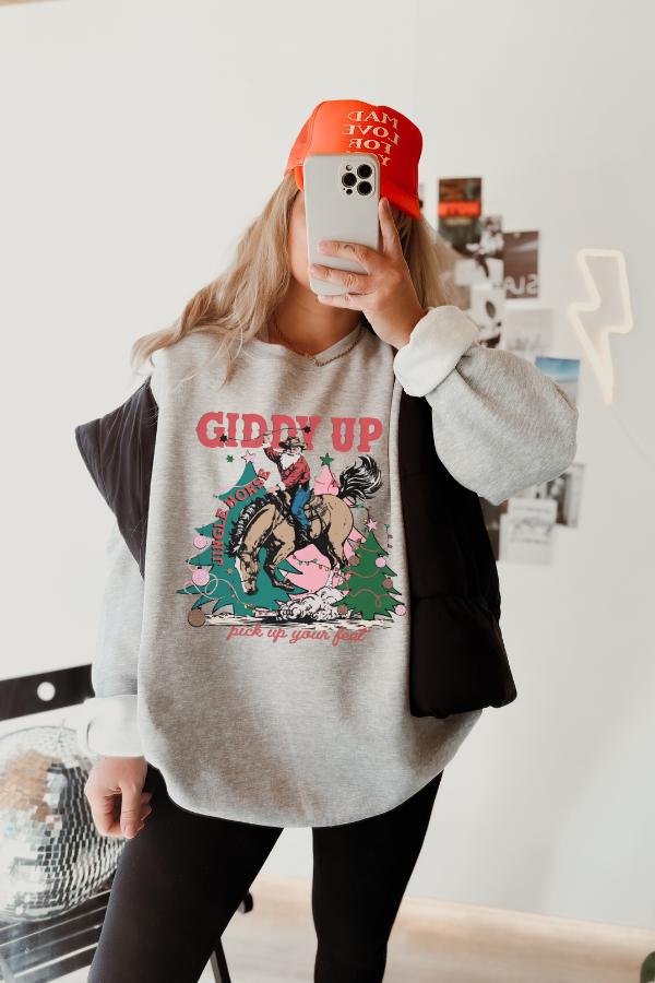 Giddy up Jingle Horse Sweatshirt, Western Christmas Cowboy Santa ...