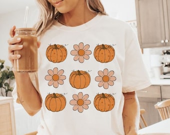 Comfort Colors® Vintage Blumen Kürbis T-Shirt, Retro Kürbis Tshirt, süßes Shirt für den Herbst, Halloween T-Shirt, Retro Halloween Top, Herbst Tshirt