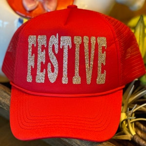 Festive Gold Glitter Trucker Hat, Holiday Trucker hat, Christmas Hat, Santa Trucker Hat, Christmas Gift,