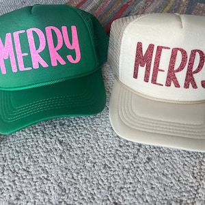 Merry Trucker Hat, Christmas Hat, Santa Hat, Cute Foam Trucker Hat, Glitter Christmas Hat, Holiday Apparel