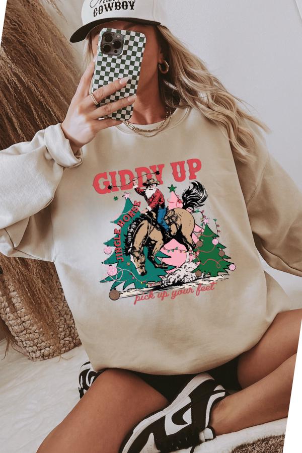 Giddy up Jingle Horse Sweatshirt, Western Christmas Cowboy Santa ...