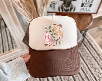 Cappello da camionista con stivali da cowboy, cappello da camionista occidentale, cappello da camionista da cowgirl, cappello da camionista da rodeo, cappello da camionista floreale, cowgirl retrò, cappello da camionista alla moda