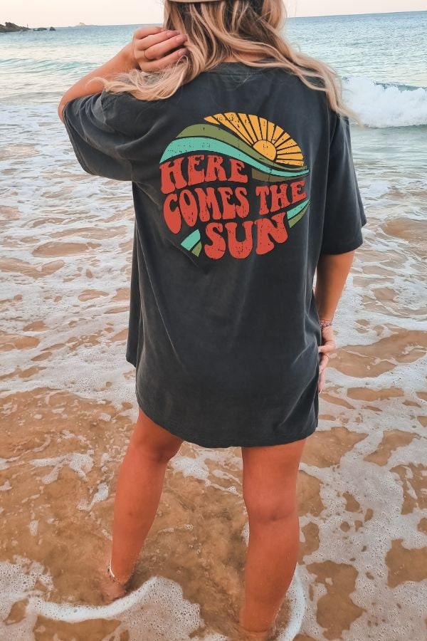 Here Comes the Sun Tee, Retro Style T-Shirt, Hippie Tee, Vintage Inspired Cotton T-shirt, Comfort Colors T-shirt, Oversized Tee, Beach tee