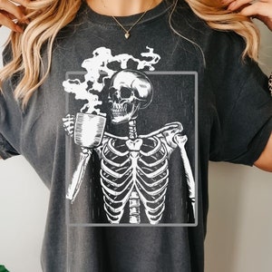Skeleton Drinking Coffee Tee, Death Before Decaf T-shirt, Boho Tee, Halloween Tshirt, Comfort Colors Shirt, Oversized Tee, Coffee T-Shirt,