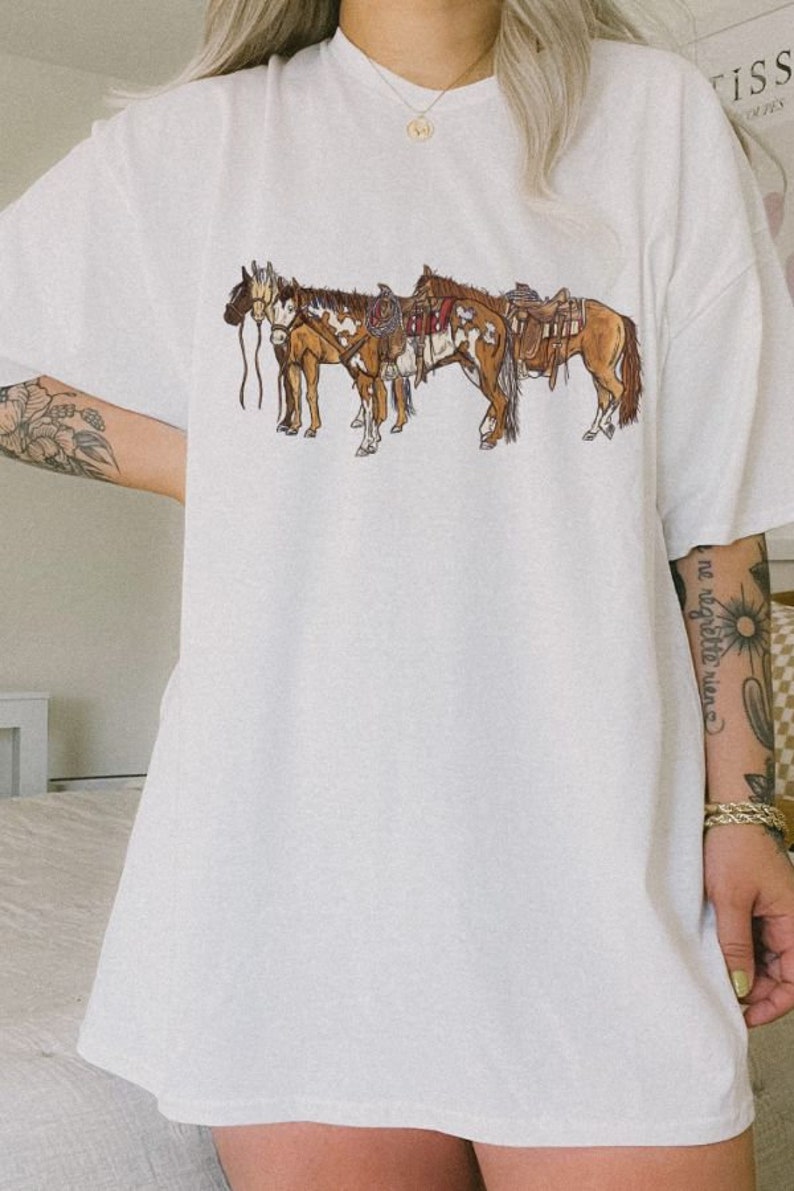 Stallion Printed Short Sleeve Round Neck White 100% Cotton T-Shirt for Women