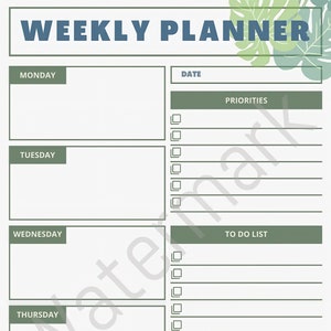 Weekly Planner Cute Green Plant Themed Aesthetic Printable PDF Instant Download