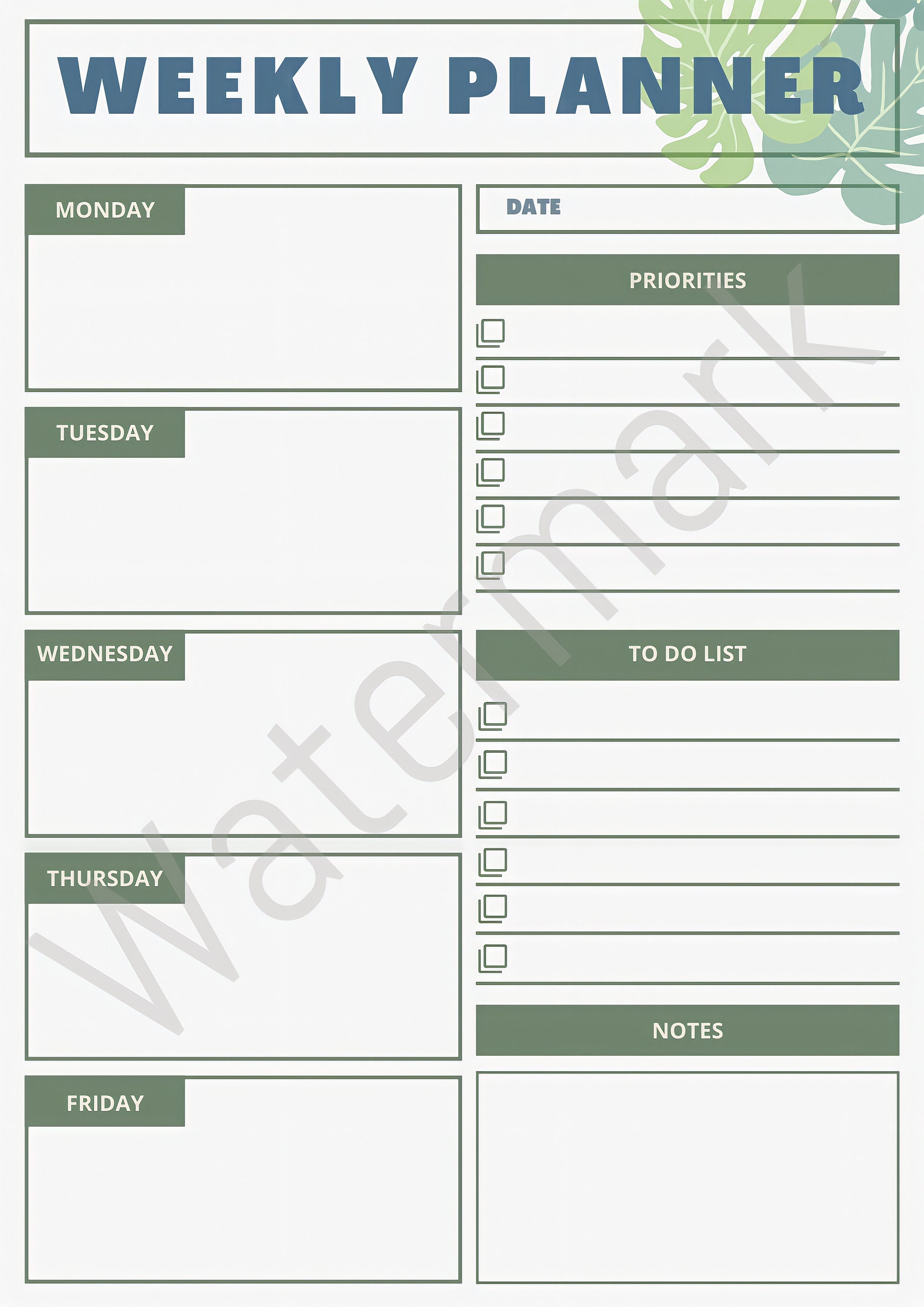Weekly Planner Cute Green Plant Themed Aesthetic Printable PDF Instant ...