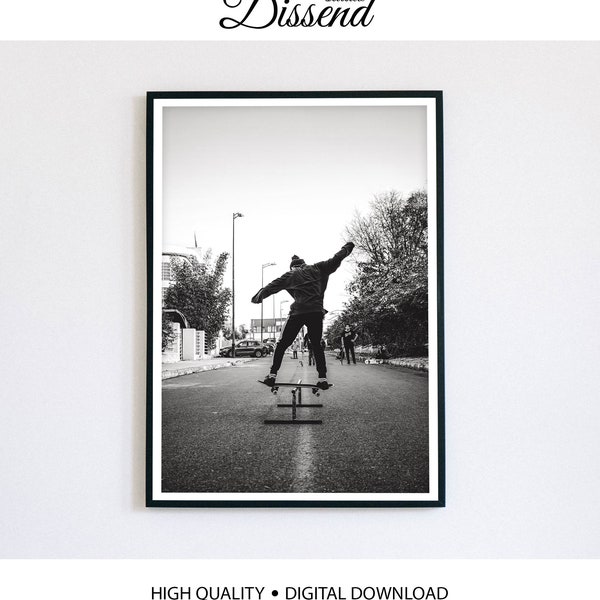 Vintage Skateboard Poster, DOWNLOADABLE prints, Black and White PRINTABLE Skateboarding Wall Art, Teen Boy Home Decor, Street Photography