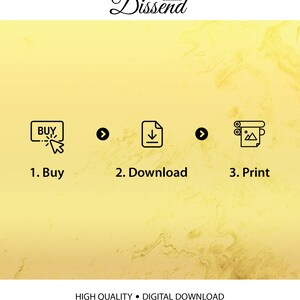 May include: A yellow background with three steps to purchase a digital download: 1. Buy, 2. Download, 3. Print. The steps are illustrated with icons.